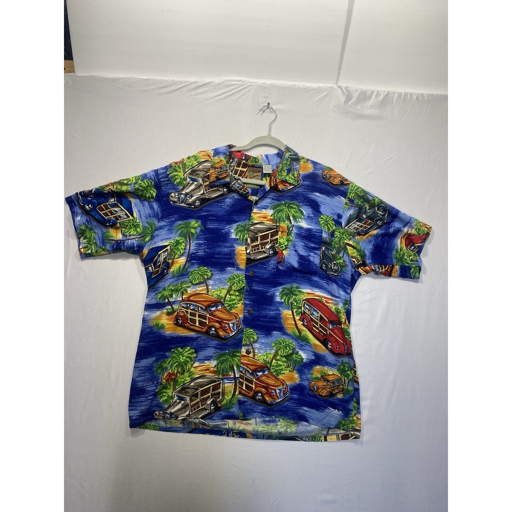 Pineapple Connections Hawaiian Shirt L Woodie Wagon Beach Blue Rayon Made Korea